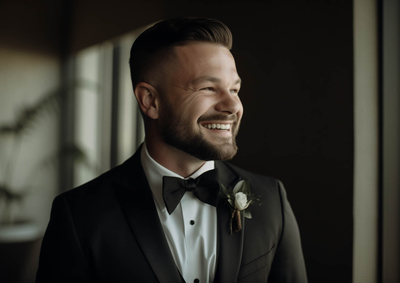 Smiling Groom in Black Tux w/ Bowtie Groom looking sharp in his free tuxedo rental from National Tuxedo Rentals.