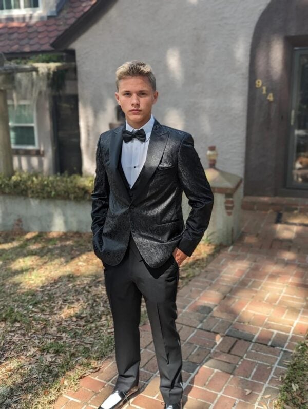 bpais1 | National Tuxedo Rentals young man in black paisley tuxedo