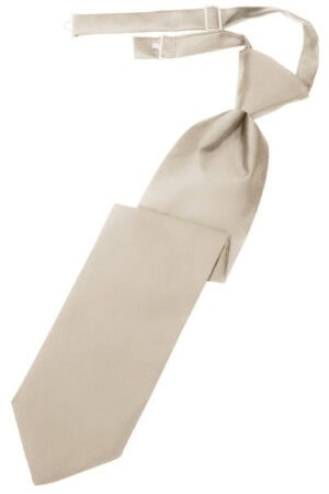 Beige necktie with a knot and hanging strap, laid flat against a white background (informative product image)