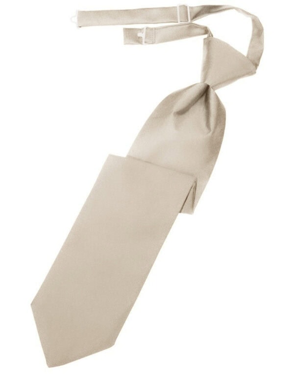 Beige necktie with a knot and hanging strap, laid flat against a white background (informative product image)