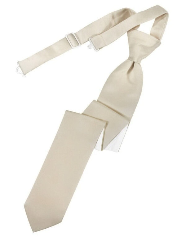 Beige silk necktie with an adjustable strap laid diagonally across a white background.