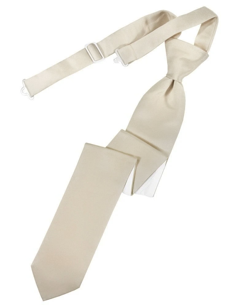 Beige silk necktie with an adjustable strap laid diagonally across a white background.