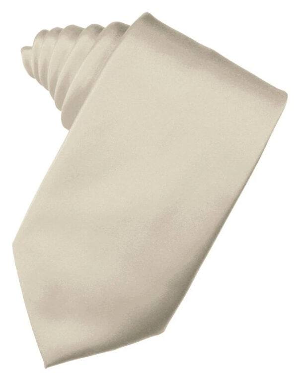 Cream beige necktie laid flat on a white background.