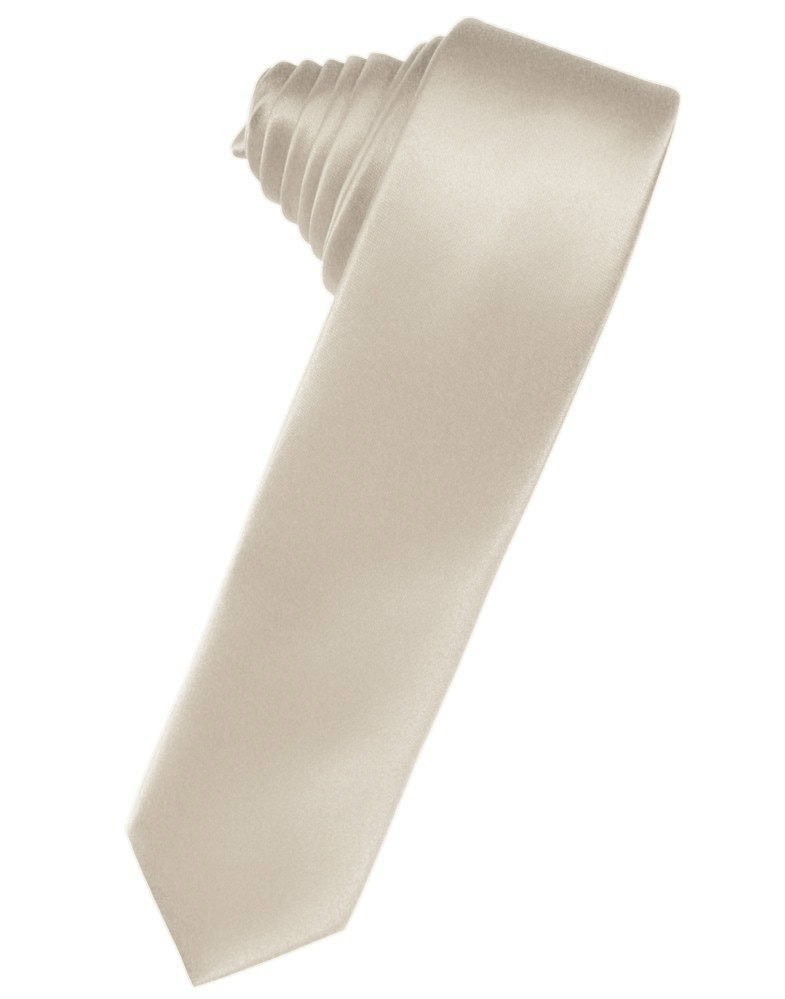 Beige necktie laid flat on a white background, showing the wide blade at the bottom and narrow end tucked away.