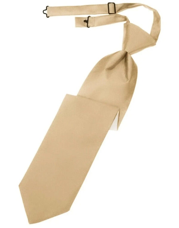 Beige necktie with an attached strap and buckle laid out diagonally.