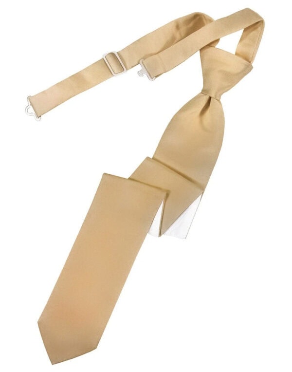 Beige necktie with an adjustable strap and metal clip fasteners.
