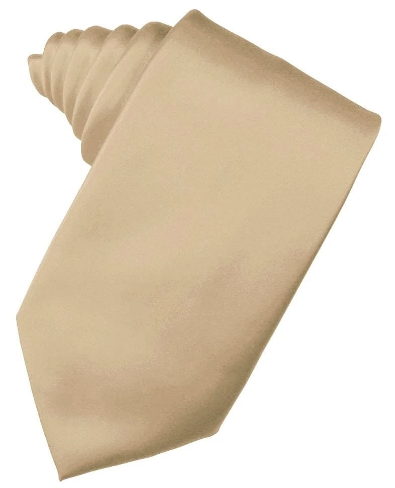 Beige necktie laid flat with pointed end toward the bottom left, showing a smooth fabric surface.