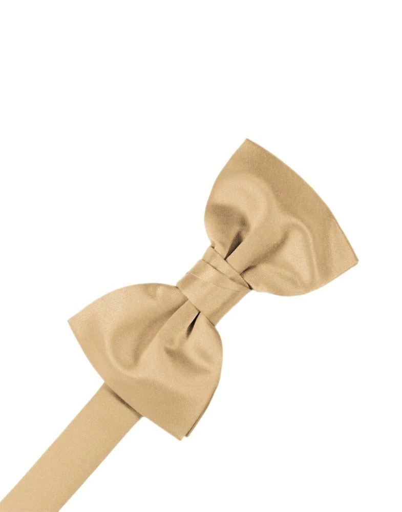 Beige fabric bow tie tied in a classic knot, isolated on a white background with a matching neck strap nearby.