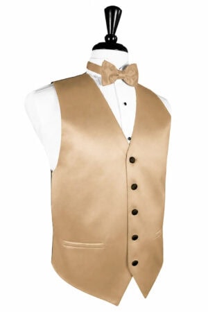 Gold satin waistcoat with matching bow tie over a white dress shirt on a mannequin; formal men's attire
