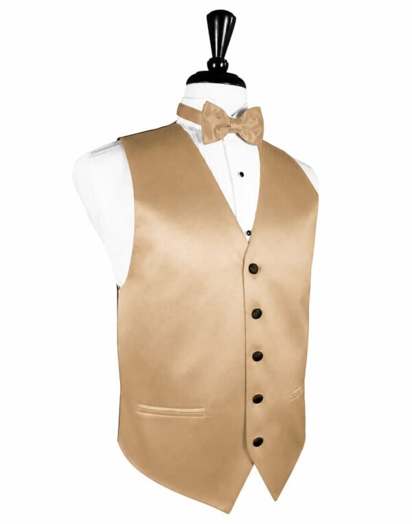 Gold satin waistcoat with matching bow tie over a white dress shirt on a mannequin; formal men's attire