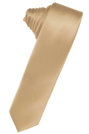 Beige satin necktie laid diagonally on a white background with a pointed tip