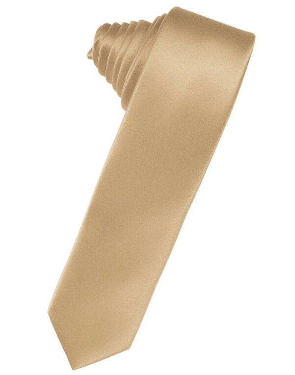 Beige satin necktie laid diagonally on a white background with a pointed tip