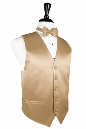 Gold satin men's waistcoat with a matching bow tie over a white dress shirt on a mannequin.
