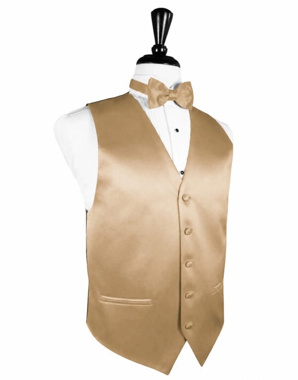 Gold satin men's waistcoat with a matching bow tie over a white dress shirt on a mannequin.