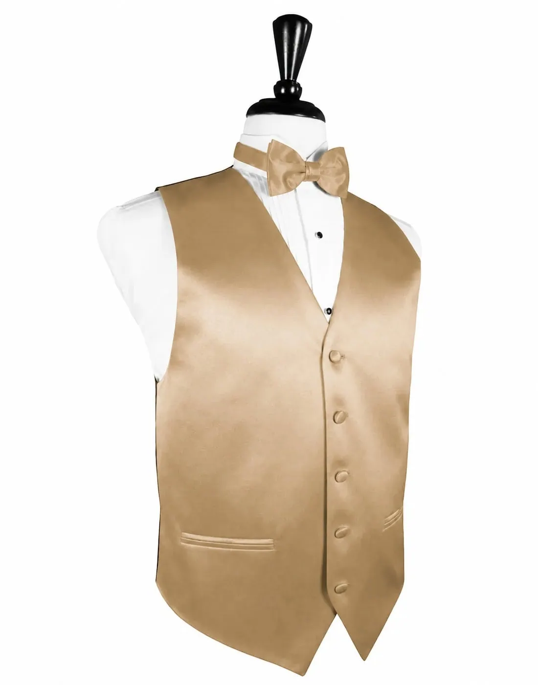 Gold satin men's waistcoat with a matching bow tie over a white dress shirt on a mannequin.