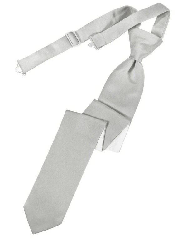 Light gray necktie with matching suspenders laid out, showing clips and adjustable strap (fashion accessory)
