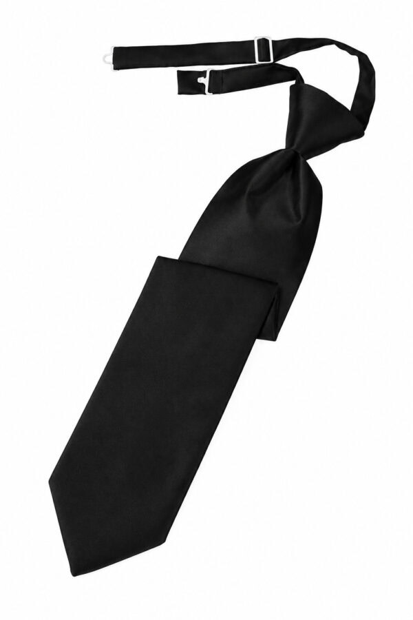 Black satin necktie with an adjustable strap and metal buckle, laid flat on a white background.