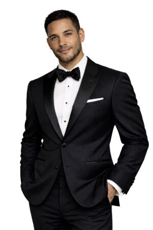 man modeling the black barcelona tuxedo rental