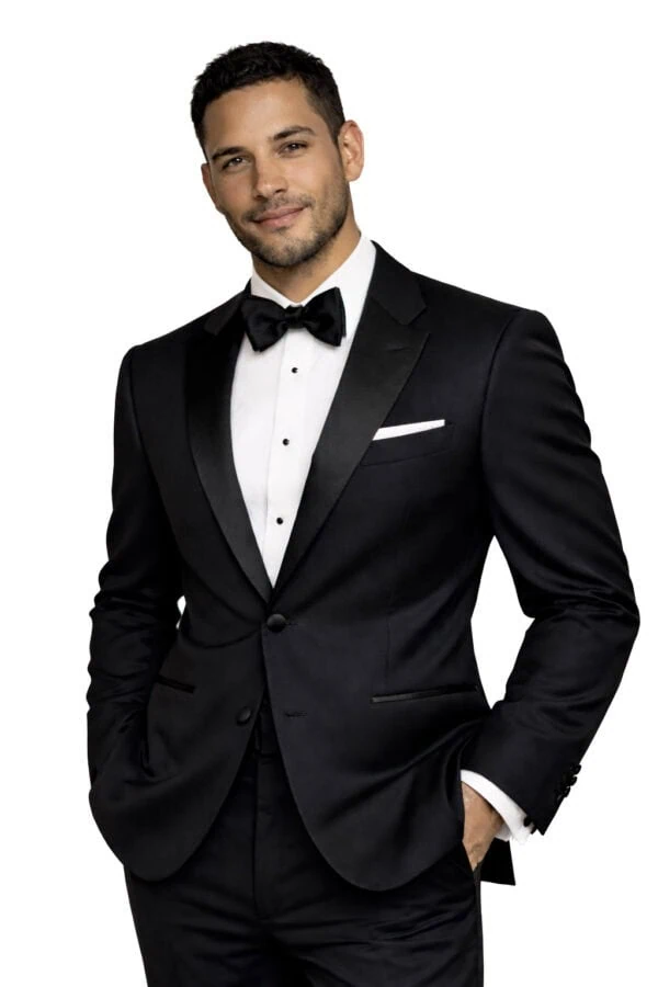 man modeling the black barcelona tuxedo rental
