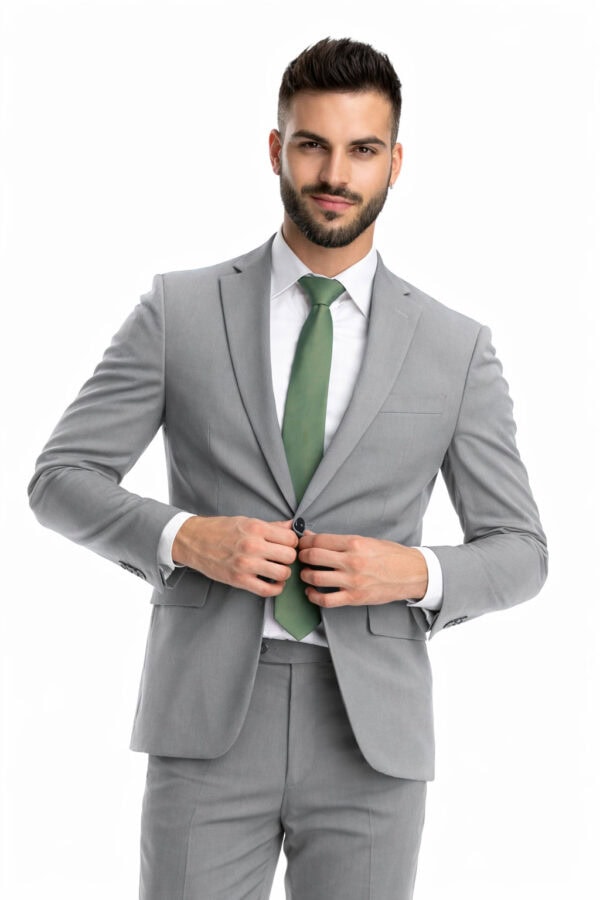 man wearing a heather grey suit rental with sage green tie