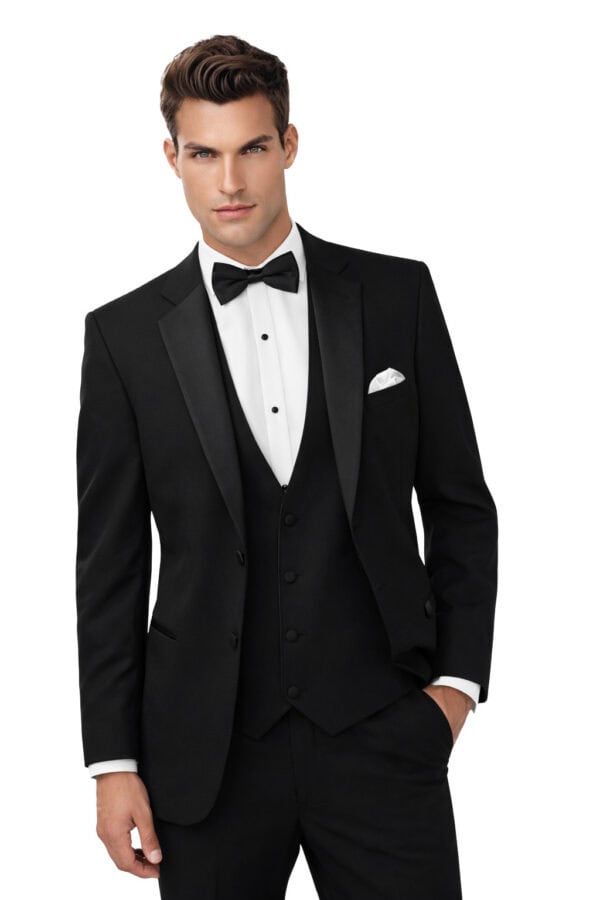 a male model wearing the black essential tuxedo by Jean Yves