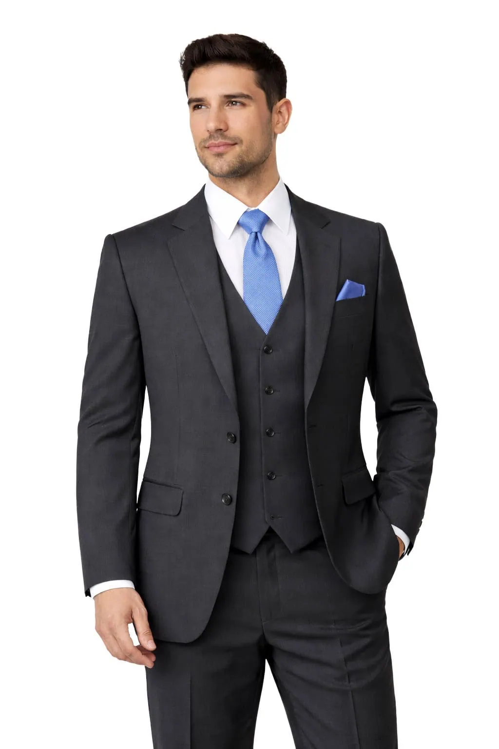 man modeling the steel grey aspen suit rental by national tuxedo rentals