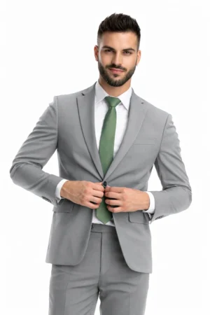 man wearing a heather grey suit rental with sage green tie