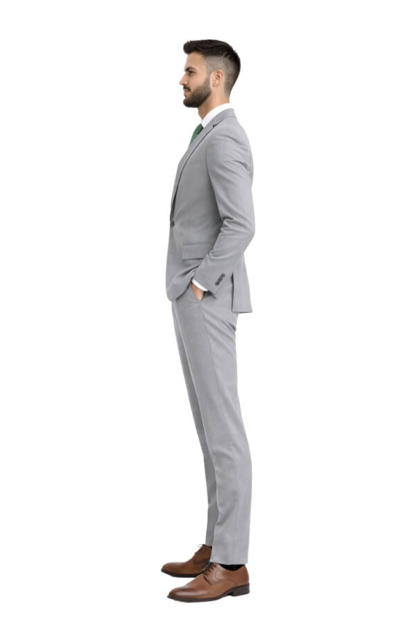 heather grey suit on model