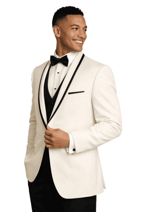 man wearing the Ivory waverly rental jacket