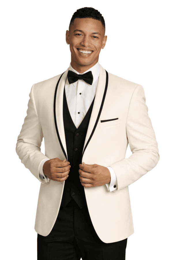 man wearing the Ivory waverly rental jacket