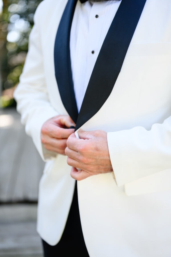 close up of white london tuxedo rental