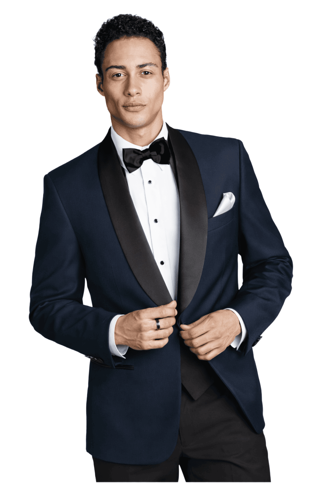 A model poses while wearing the navy london rental tuxedo package.