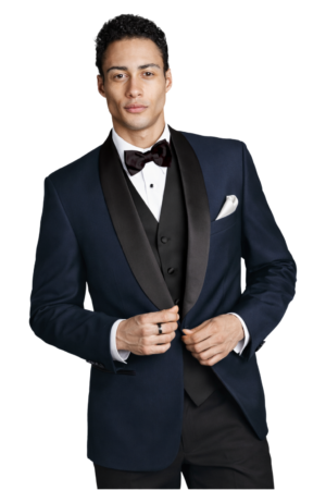 A model poses while wearing the navy london rental tuxedo package.