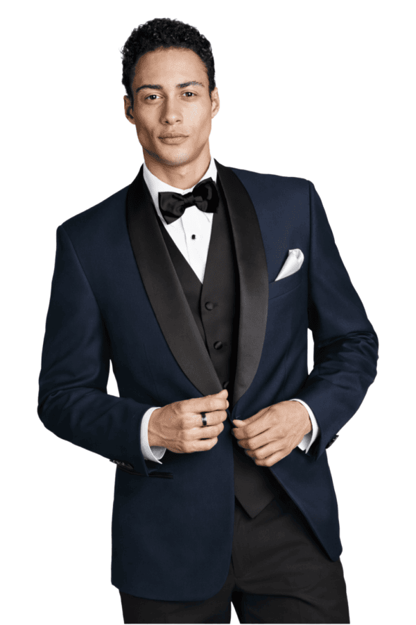 A model poses while wearing the navy london rental tuxedo package.