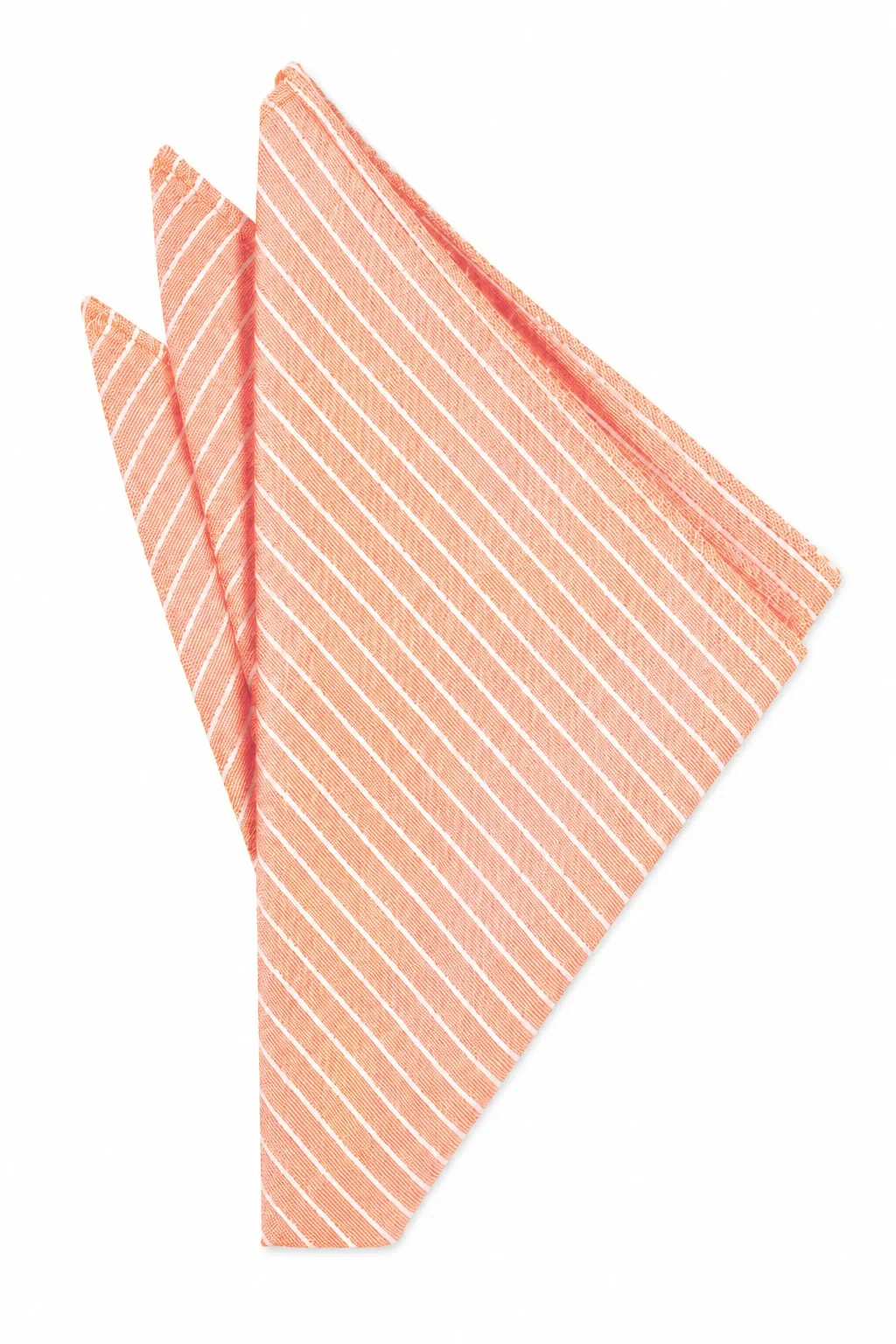 Folded orange-pink striped cloth napkin arranged like a fan on a white background