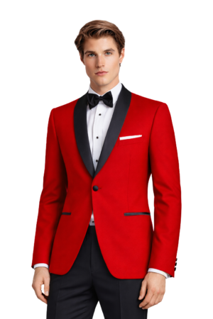 A model poses wearing a red london Shawl tuxedo rental.