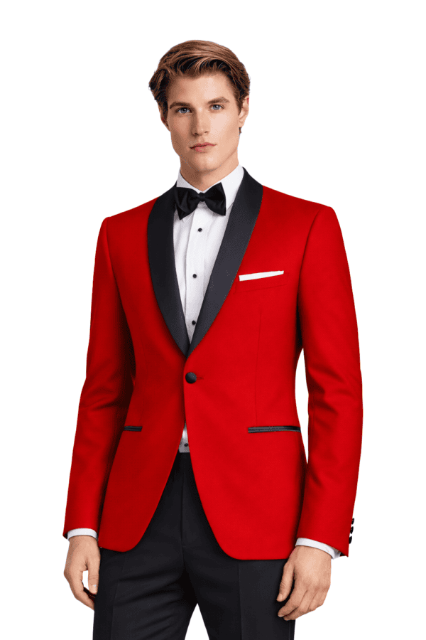 A model poses wearing a red london Shawl tuxedo rental.