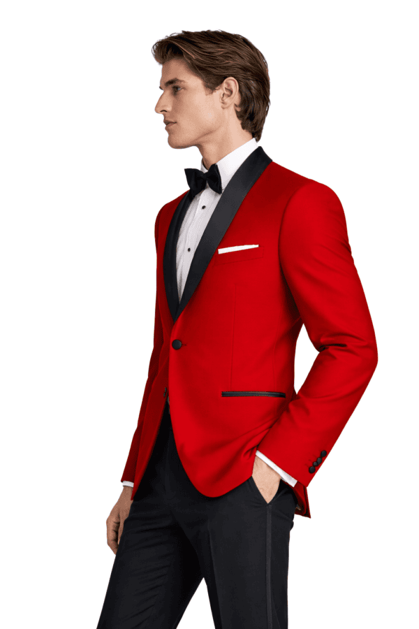A model poses wearing a red london Shawl tuxedo rental.