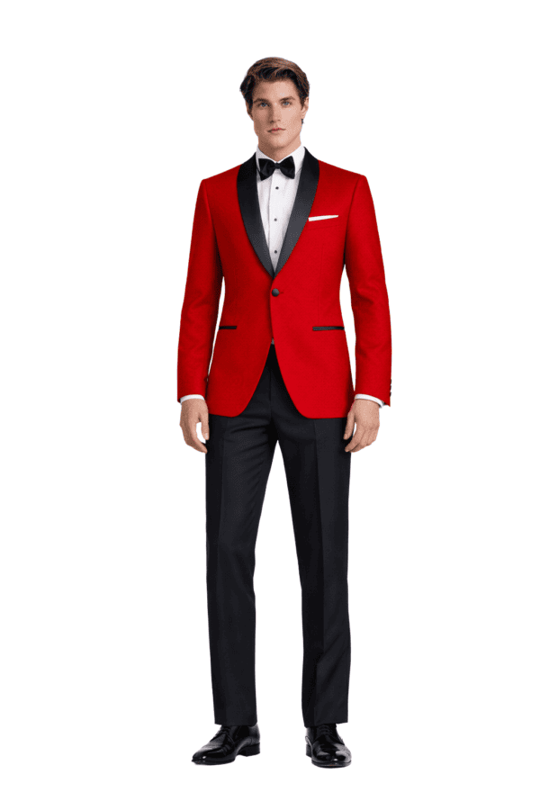 A model poses wearing a red london Shawl tuxedo rental.