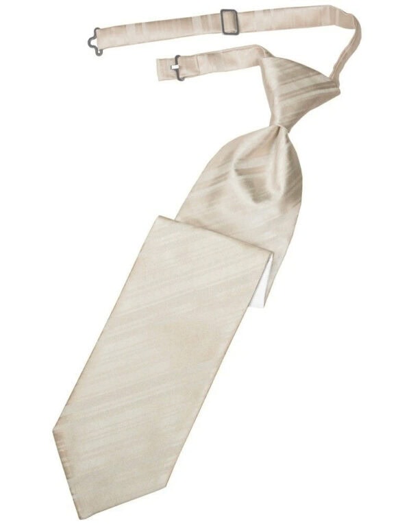 Beige silk necktie with an adjustable strap and buckle, laid flat.