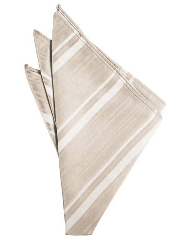 Beige striped cloth napkin folded into a decorative fan shape.