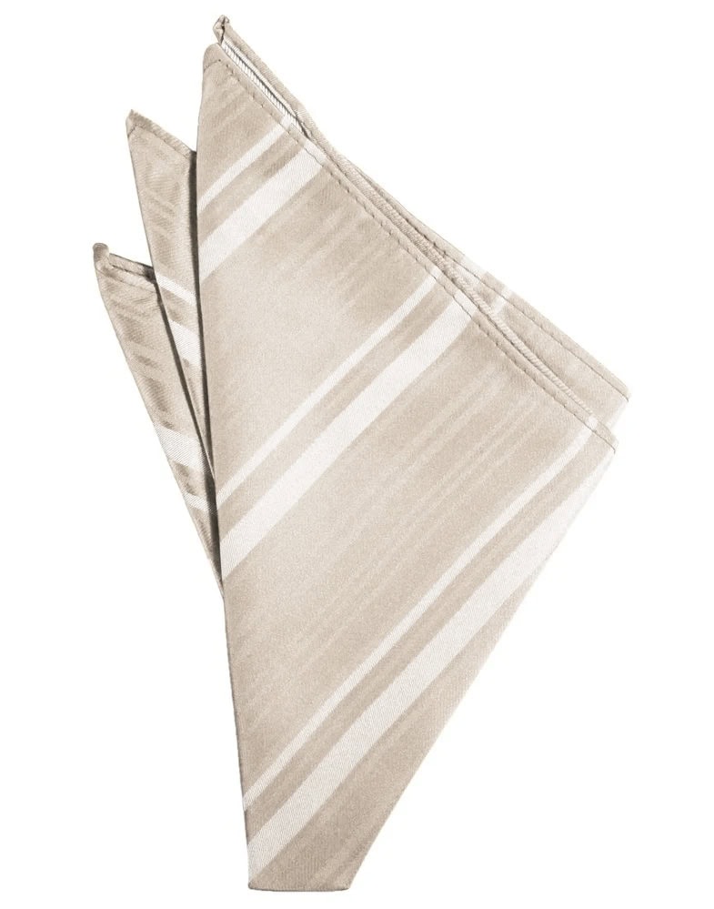 Beige striped cloth napkin folded into a decorative fan shape.