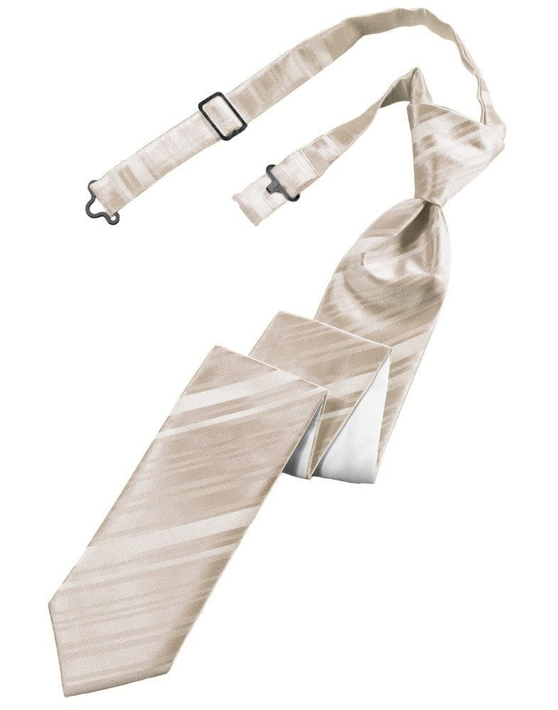 Beige striped necktie with metal adjusters and a detachable strap laid flat against a white background