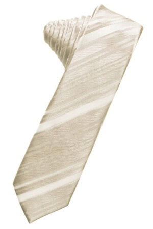 Beige diagonally striped necktie laid at an angle on a white background