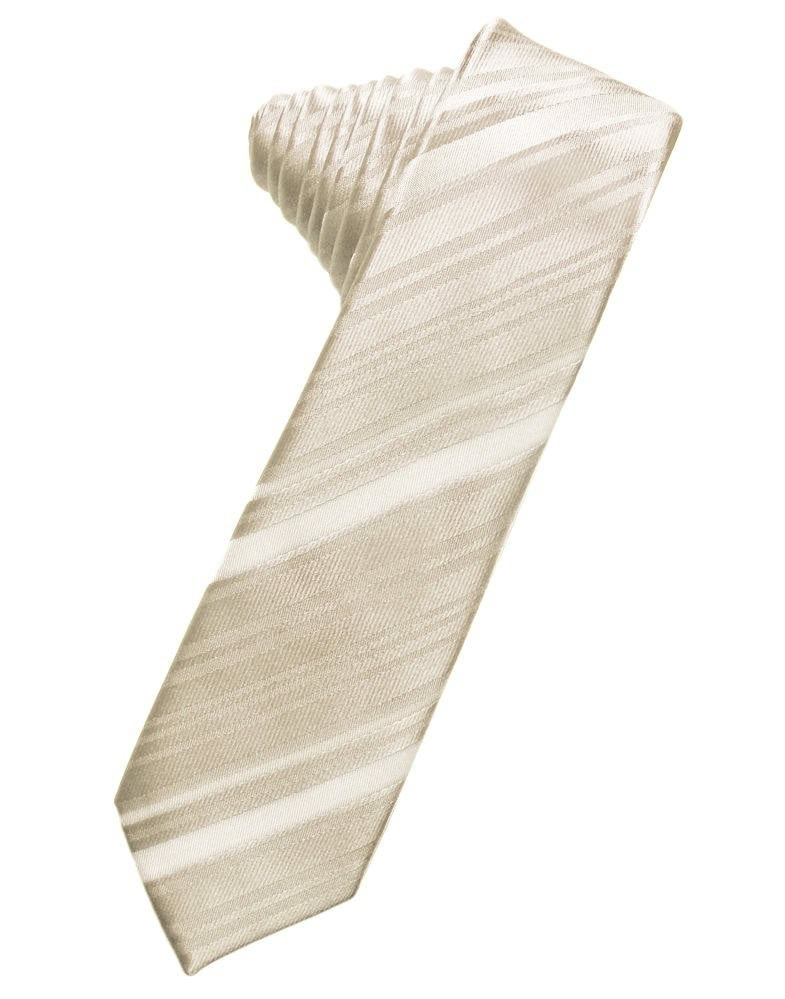 Beige diagonally striped necktie laid at an angle on a white background