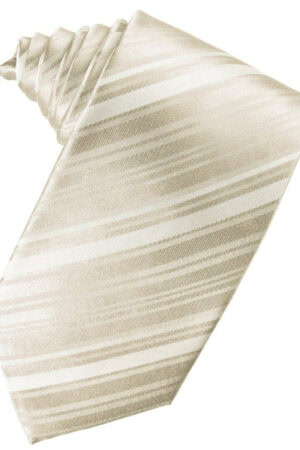 Cream-colored striped necktie rolled on a white background, showing diagonal beige stripes.