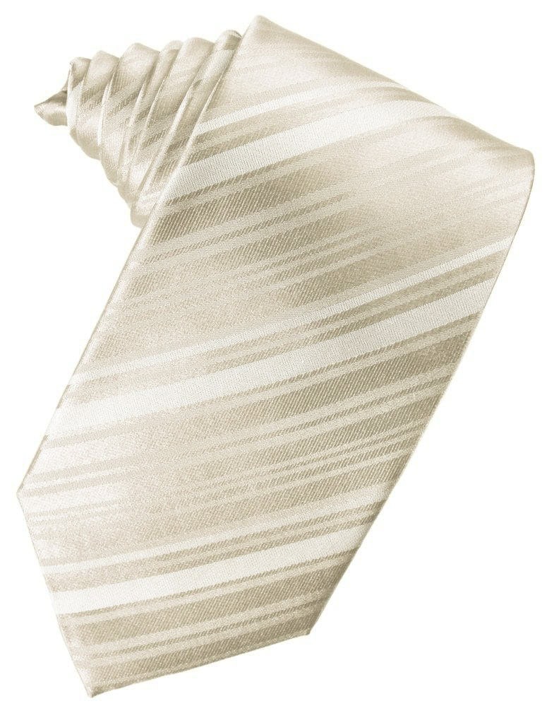 Cream-colored striped necktie rolled on a white background, showing diagonal beige stripes.