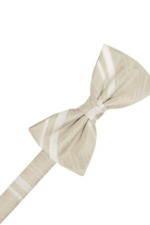 Beige striped bow tie tied in a knot against a white background.