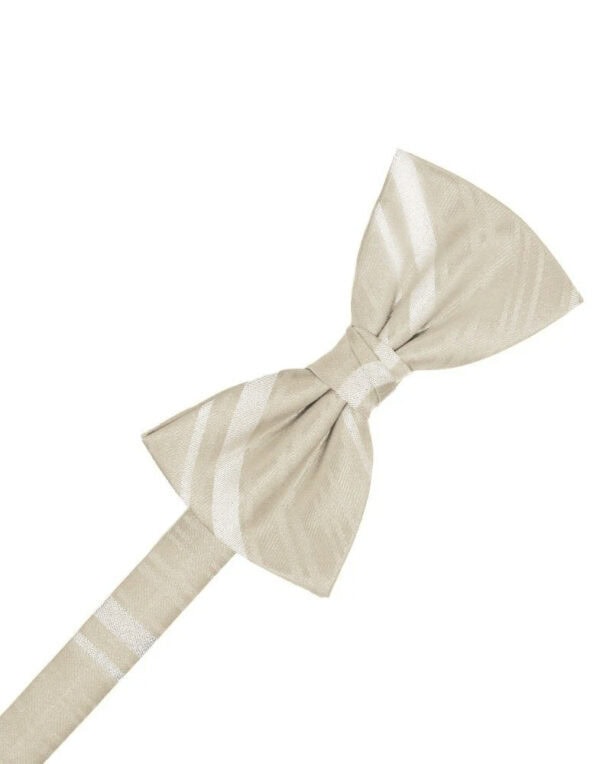 Beige striped bow tie tied in a knot against a white background.
