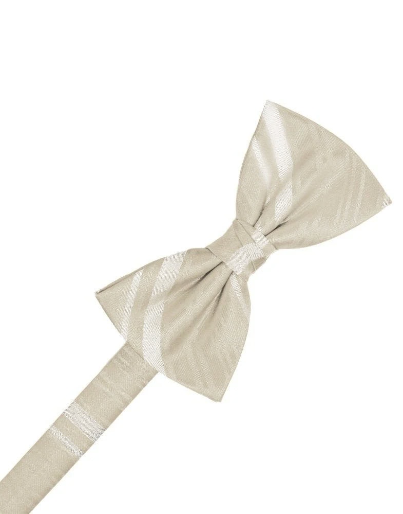 Beige striped bow tie tied in a knot against a white background.